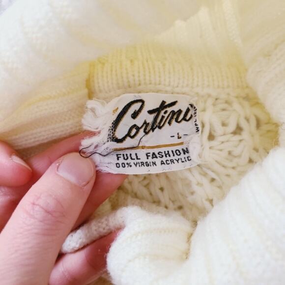 Vintage Cortini Ivory White Heavy Cable Knit Fisherman Style Turtleneck Sweater - Picture 13 of 14